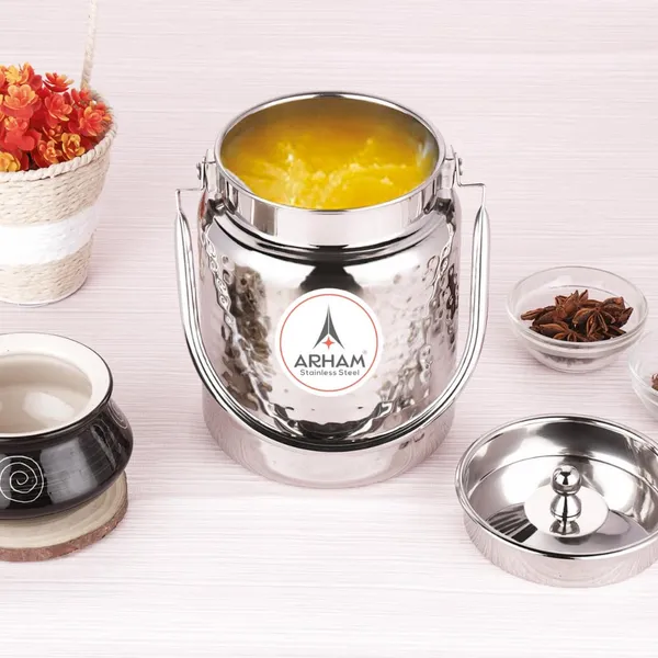 Stainless_Steel_Imperia_Heavy_Gauge_Hammered_Oil_Can_Pipe_Handle_With_Inner_Lid,_Ghee_Container,_Can_For_Storing_Liquid