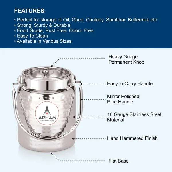Stainless_Steel_Imperia_Heavy_Gauge_Hammered_Oil_Can_Pipe_Handle_With_Inner_Lid,_Ghee_Container,_Can_For_Storing_Liquid