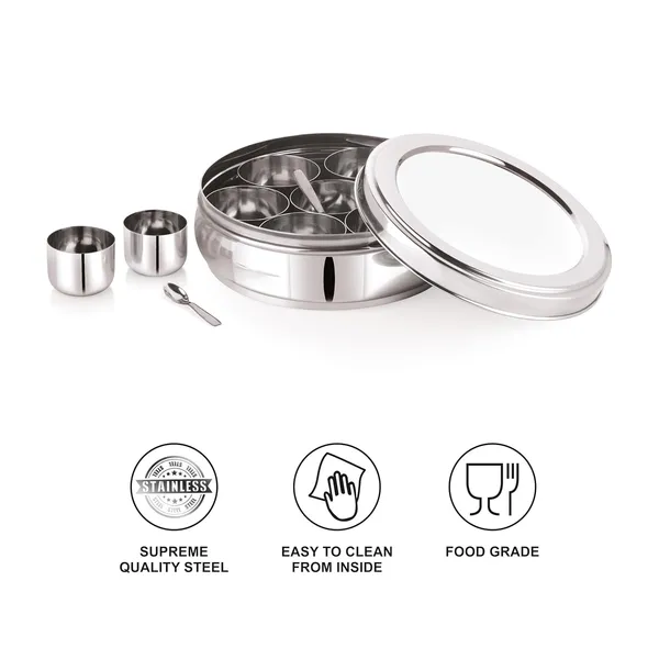Stainless_Steel_Premium_Orange_Shape_Masala_(Spice)_Box_With_7_Containers_And_Small_Polish_Spoon_&_Plain_Lid