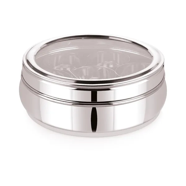Stainless_Steel_Premium_Orange_Shape_Masala_(Spice)_Box_With_7_Containers_And_Small_Polish_Spoon_&_Top_See_Through_Lid