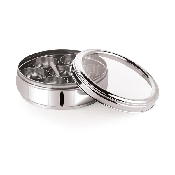 Stainless_Steel_Premium_Orange_Shape_Masala_(Spice)_Box_With_7_Containers_And_Small_Polish_Spoon_&_Top_See_Through_Lid