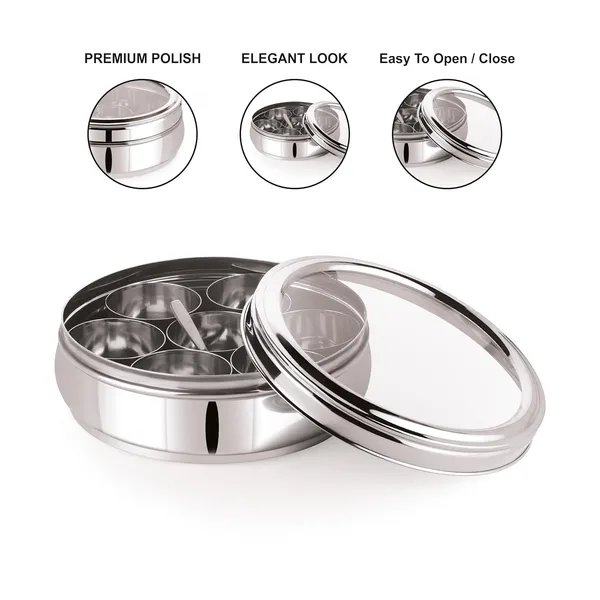 Stainless_Steel_Premium_Orange_Shape_Masala_(Spice)_Box_With_7_Containers_And_Small_Polish_Spoon_&_Top_See_Through_Lid
