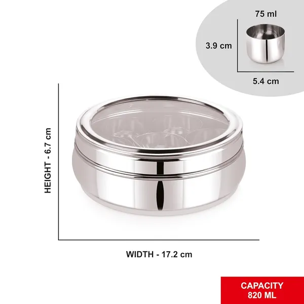 Stainless_Steel_Premium_Orange_Shape_Masala_(Spice)_Box_With_7_Containers_And_Small_Polish_Spoon_&_Top_See_Through_Lid