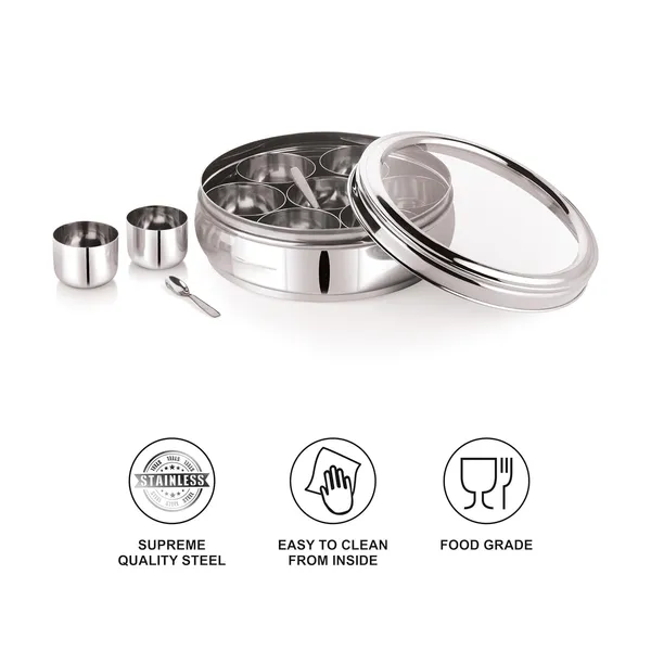 Stainless_Steel_Premium_Orange_Shape_Masala_(Spice)_Box_With_7_Containers_And_Small_Polish_Spoon_&_Top_See_Through_Lid