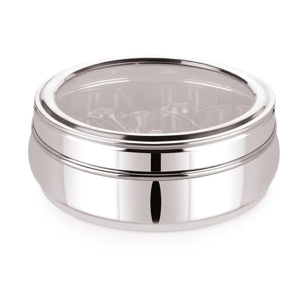 Stainless_Steel_Premium_Orange_Shape_Masala_(Spice)_Box_With_7_Containers_And_Small_Polish_Spoon_&_Top_See_Through_Lid