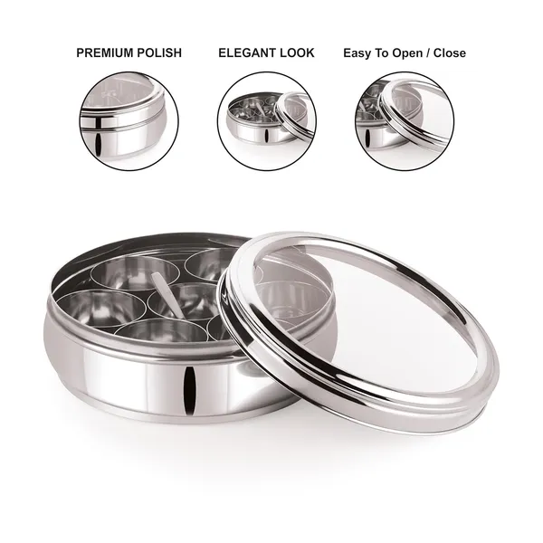 Stainless_Steel_Premium_Orange_Shape_Masala_(Spice)_Box_With_7_Containers_And_Small_Polish_Spoon_&_Top_See_Through_Lid