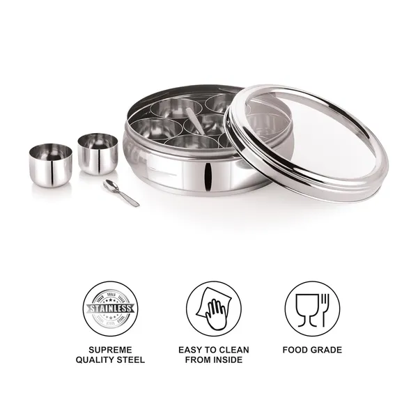 Stainless_Steel_Premium_Orange_Shape_Masala_(Spice)_Box_With_7_Containers_And_Small_Polish_Spoon_&_Top_See_Through_Lid