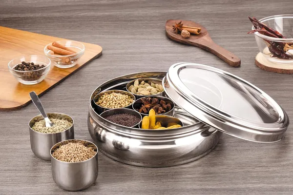 Stainless_Steel_Premium_Orange_Shape_Masala_(Spice)_Box_With_7_Containers_And_Small_Polish_Spoon_&_Top_See_Through_Lid