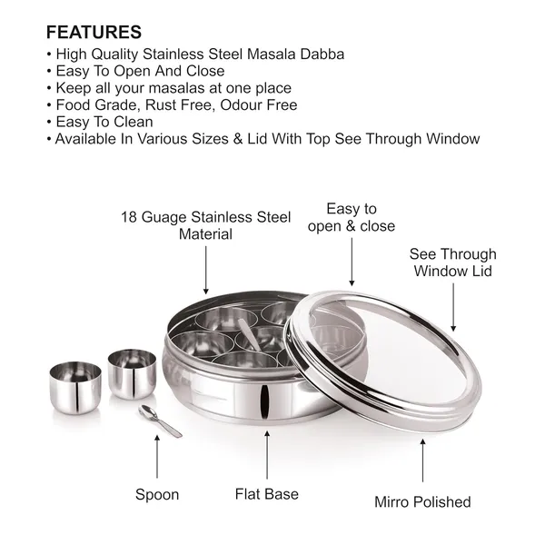 Stainless_Steel_Premium_Orange_Shape_Masala_(Spice)_Box_With_7_Containers_And_Small_Polish_Spoon_&_Top_See_Through_Lid