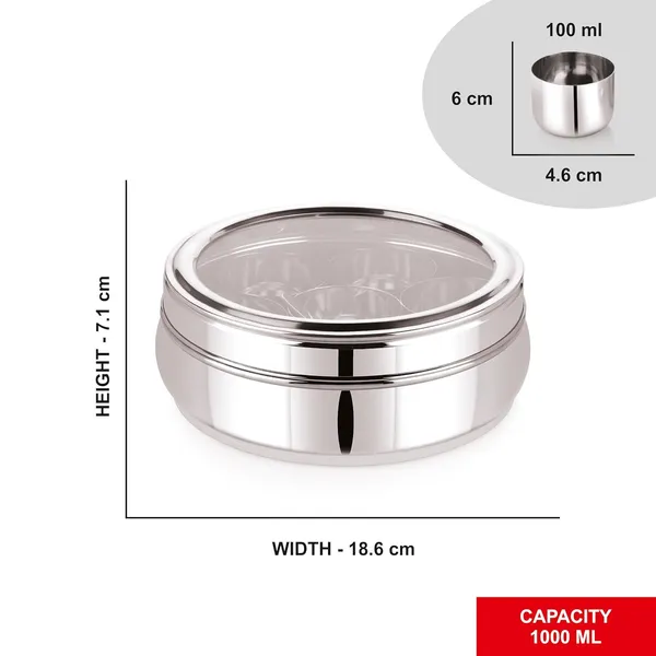 Stainless_Steel_Premium_Orange_Shape_Masala_(Spice)_Box_With_7_Containers_And_Small_Polish_Spoon_&_Top_See_Through_Lid