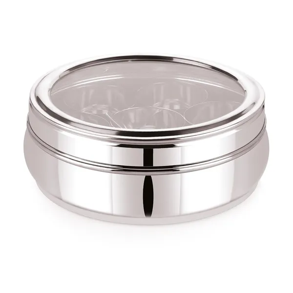 Stainless_Steel_Premium_Orange_Shape_Masala_(Spice)_Box_With_7_Containers_And_Small_Polish_Spoon_&_Top_See_Through_Lid