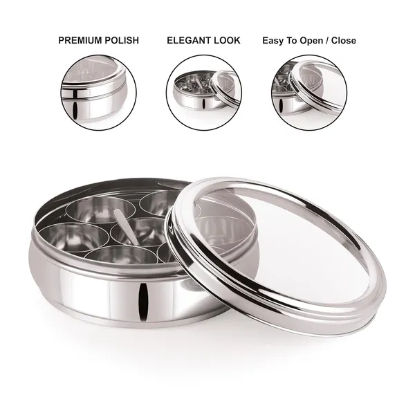 Stainless_Steel_Premium_Orange_Shape_Masala_(Spice)_Box_With_7_Containers_And_Small_Polish_Spoon_&_Top_See_Through_Lid