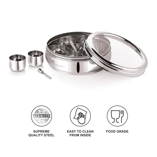Stainless_Steel_Premium_Orange_Shape_Masala_(Spice)_Box_With_7_Containers_And_Small_Polish_Spoon_&_Top_See_Through_Lid