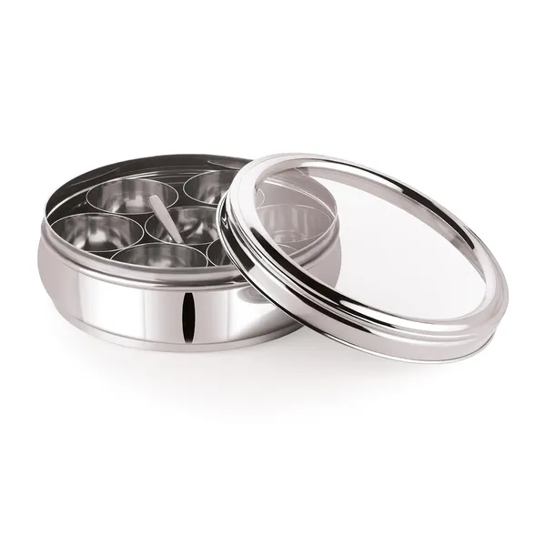 Stainless_Steel_Premium_Orange_Shape_Masala_(Spice)_Box_With_7_Containers_And_Small_Polish_Spoon_&_Top_See_Through_Lid