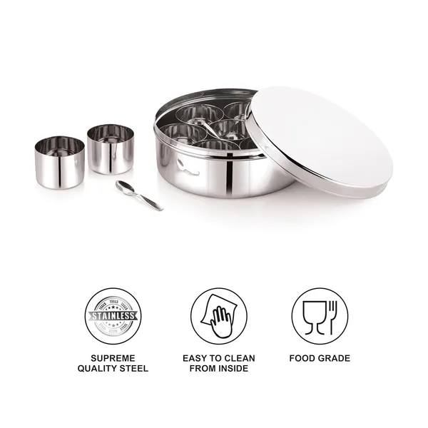 Stainless_Steel_Premium_Sober_Shape_Masala_(Spice)_Box_With_7_Containers_And_Small_Polish_Spoon_&_Plain_Lid