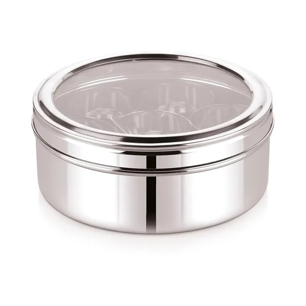 Stainless_Steel_Premium_Sober_Shape_Masala_(Spice)_Box_With_7_Containers_And_Small_Polish_Spoon_&_Top_See_Through_Lid