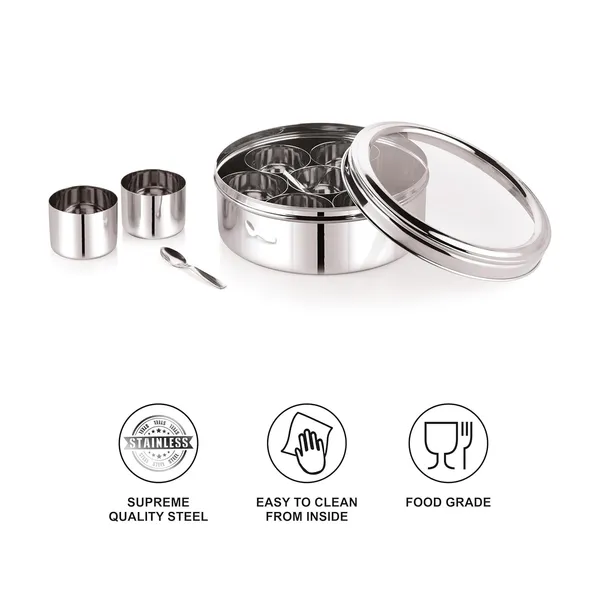Stainless_Steel_Premium_Sober_Shape_Masala_(Spice)_Box_With_7_Containers_And_Small_Polish_Spoon_&_Top_See_Through_Lid