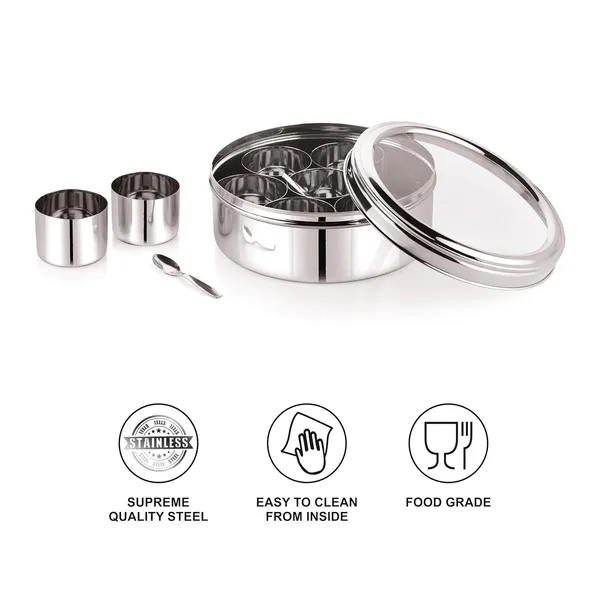 Stainless_Steel_Premium_Sober_Shape_Masala_(Spice)_Box_With_7_Containers_And_Small_Polish_Spoon_&_Top_See_Through_Lid