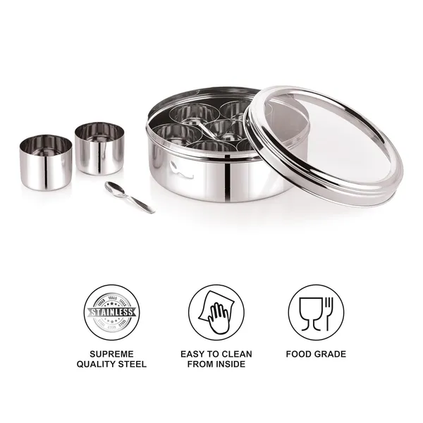 Stainless_Steel_Premium_Sober_Shape_Masala_(Spice)_Box_With_7_Containers_And_Small_Polish_Spoon_&_Top_See_Through_Lid