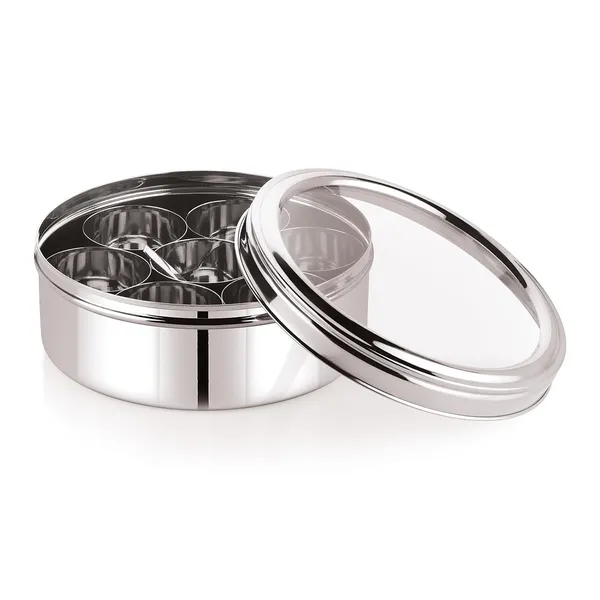 Stainless_Steel_Premium_Sober_Shape_Masala_(Spice)_Box_With_7_Containers_And_Small_Polish_Spoon_&_Top_See_Through_Lid