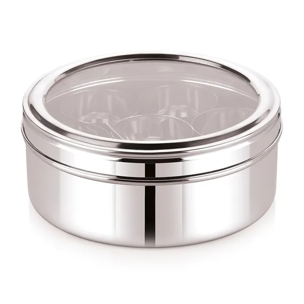 Stainless_Steel_Premium_Sober_Shape_Masala_(Spice)_Box_With_7_Containers_And_Small_Polish_Spoon_&_Top_See_Through_Lid
