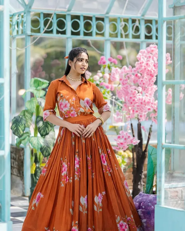Rust_Orange_Floral_Printed_Shirt_&_Lehenga_Set