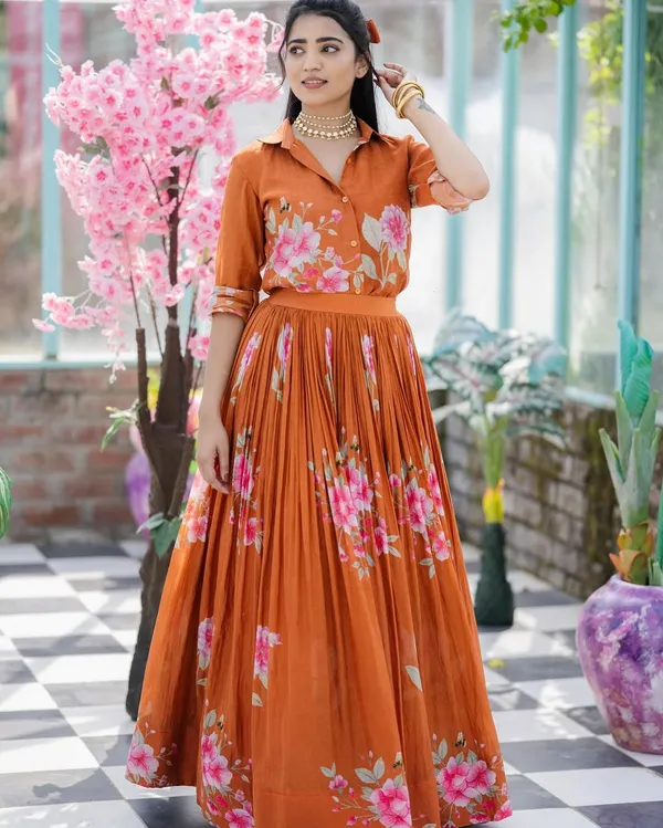 Rust_Orange_Floral_Printed_Shirt_&_Lehenga_Set