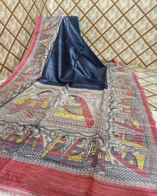 Silkmark_Tussar_Bold_Madhubani_Blue_&_Red_Saree