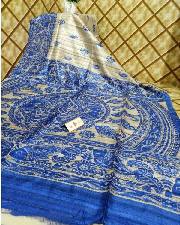 Silkmark_Tussar_Colorful_Madhubani_Biege_&_Blue_Saree