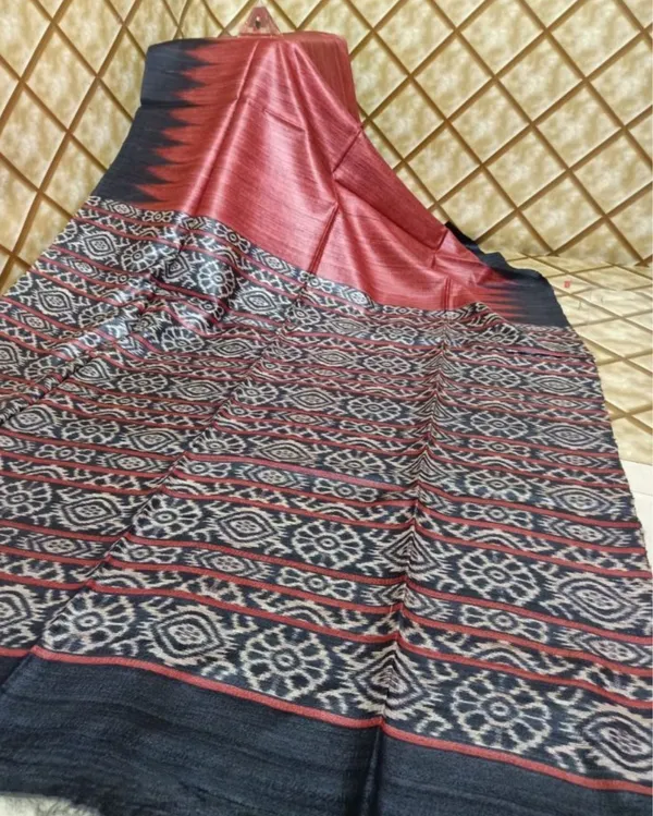 Silkmark_Tussar_Shining_Blockprint_Red_&_Black_Saree
