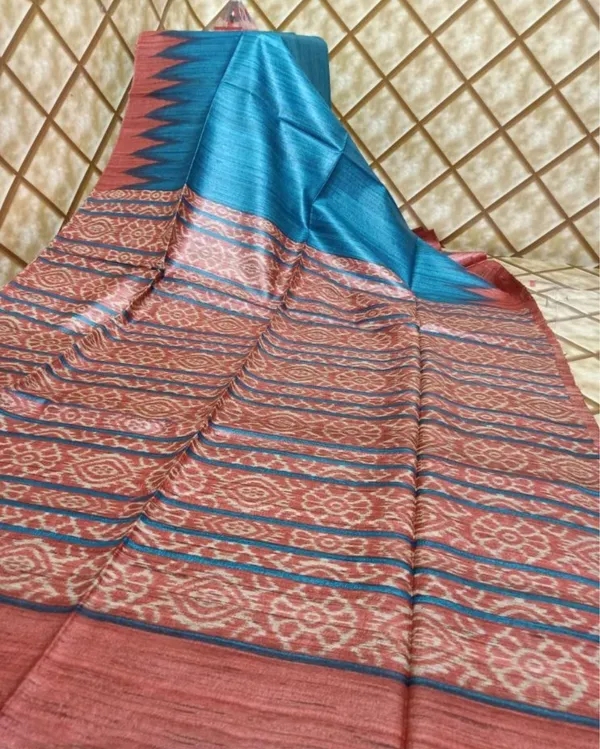 Silkmark_Tussar_Poetic_Blockprint_Blue_&_Brown_Saree