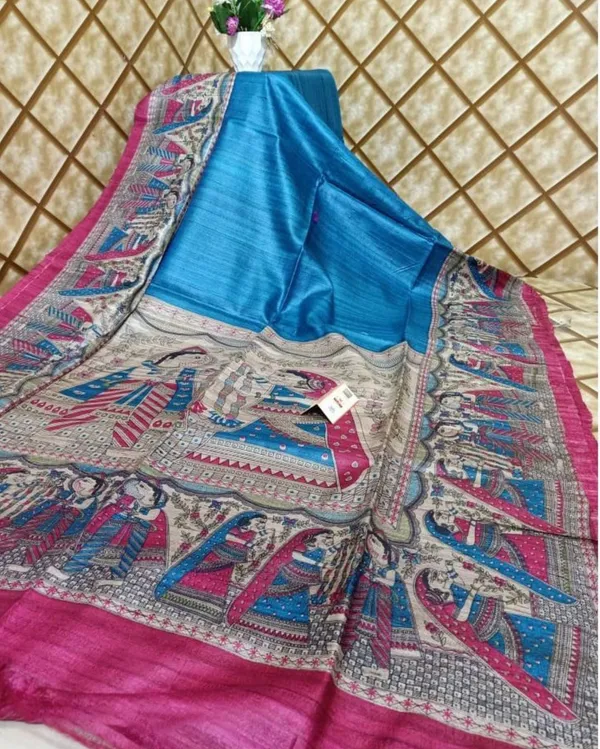 Silkmark_Tussar_Glossy_Madhubani_Blue_&_Pink_Saree