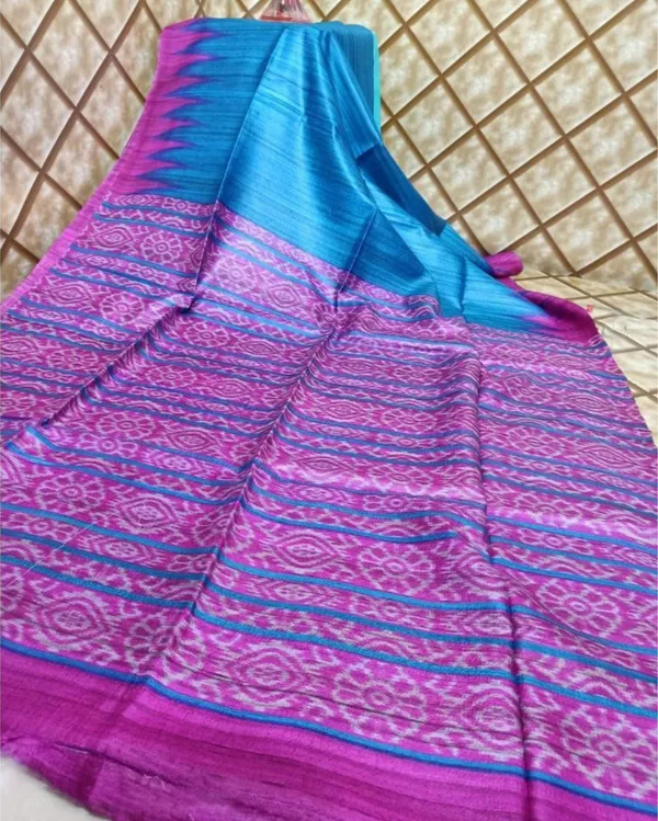 Silkmark_Tussar_Lucid_Blockprint_Blue_&_Pink_Saree