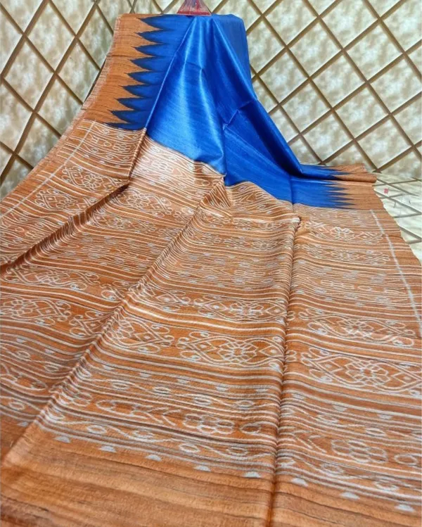 Silkmark_Tussar_Dreamy_Blockprint_Blue_&_Brown_Saree