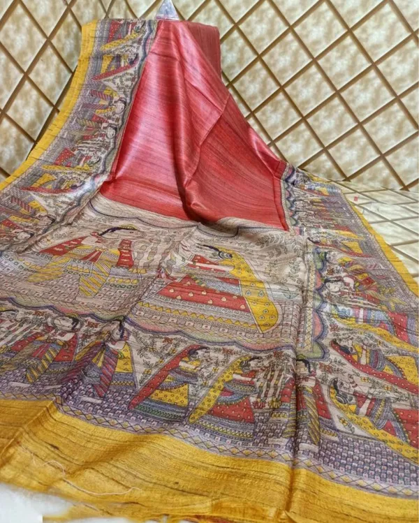 Silkmark_Tussar_Alluring_Madhubani_Red_&_Yellow_Saree