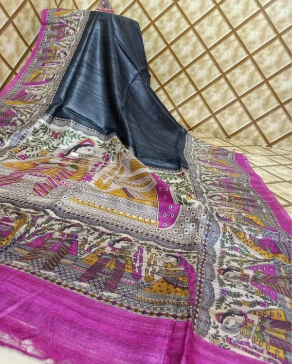 Silkmark_Tussar_Joyful_Madhubani_Black_Saree
