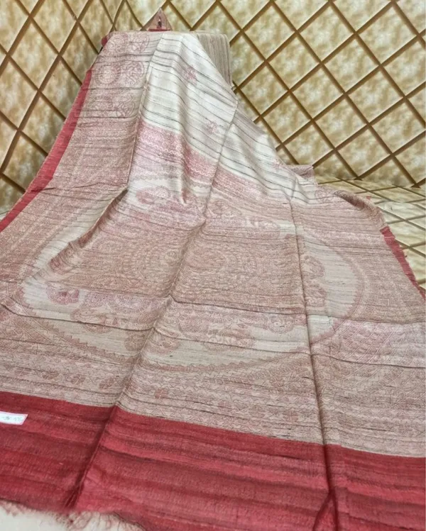 Silkmark_Tussar_Hypnotic_Madhubani_Beige_&_Red_Saree
