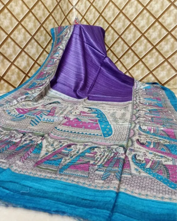 Silkmark_Tussar_Timeless_Madhubani_Purple_&_Blue_Saree