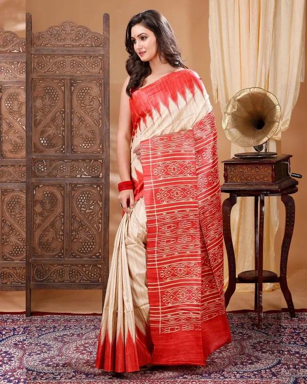 Silkmark_Tussar_Lucid_Blockprint_Beige_&_Red_Saree