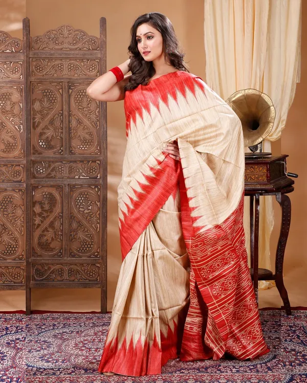 Silkmark_Tussar_Lucid_Blockprint_Beige_&_Red_Saree