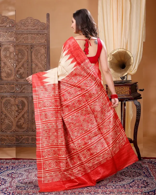 Silkmark_Tussar_Lucid_Blockprint_Beige_&_Red_Saree
