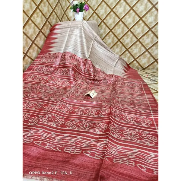Silkmark_Tussar_Lucid_Blockprint_Beige_&_Red_Saree