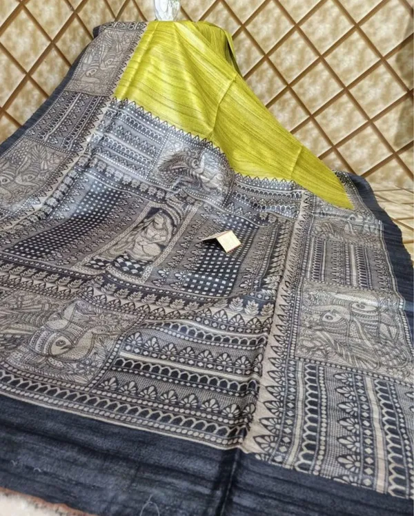Silkmark_Tussar_Pastoral_Madhubani_Yellow_&_Black_Saree