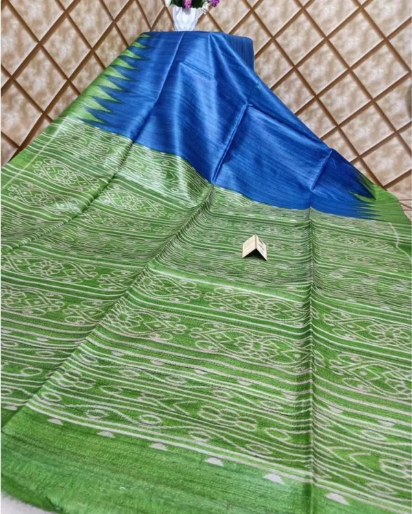 Silkmark_Tussar_Melodic_Blockprint_Blue_&_Green_Saree