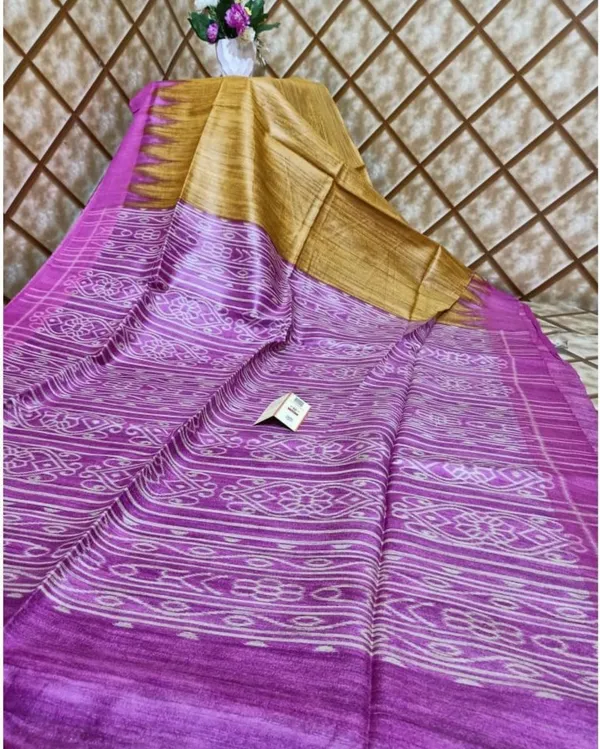 Silkmark_Tussar_Gleaming_Blockprint_Yellow_&_Purple_Saree
