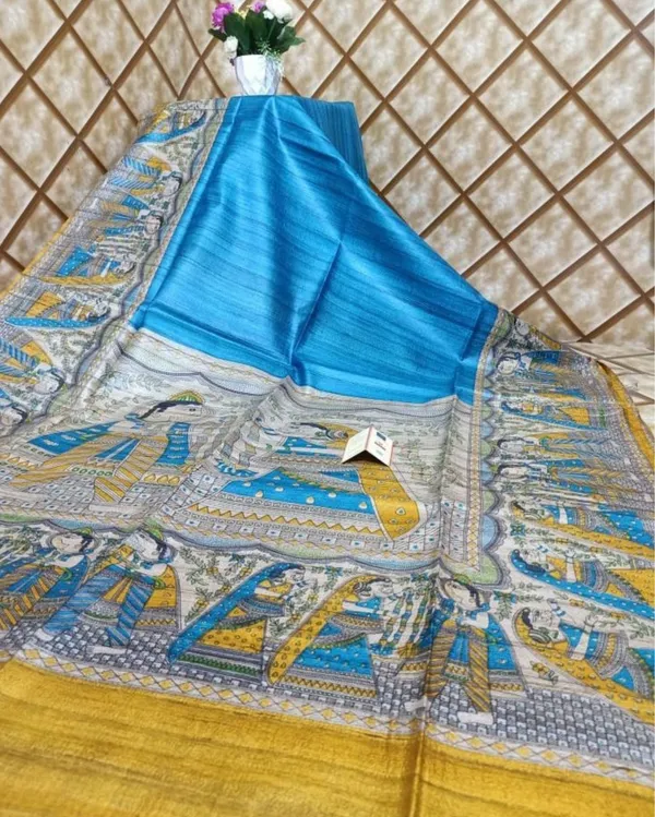Silkmark_Tussar_Modern_Madhubani_Blue_&_Yellow_Saree
