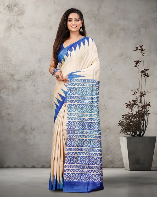 Silkmark_Tussar_Tranquil_Blockprint_Biege_&_Blue_Saree