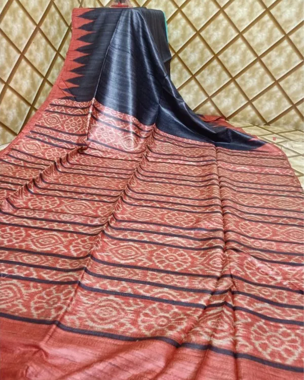 Silkmark_Tussar_Elegant_Blockprint_Black_&_Red_Saree