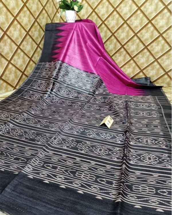 Silkmark_Tussar_Decorous_Blockprint_Pink_&_Black_Saree