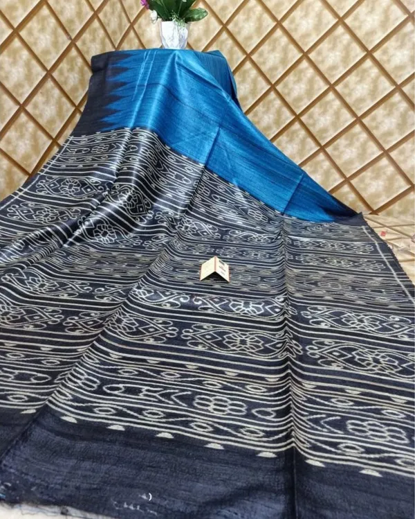 Silkmark_Tussar_Quaint_Blockprint_Blue_Saree